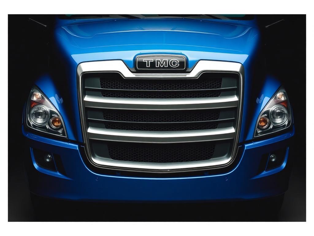 Detalhe frontal de caminhão azul da frota própria