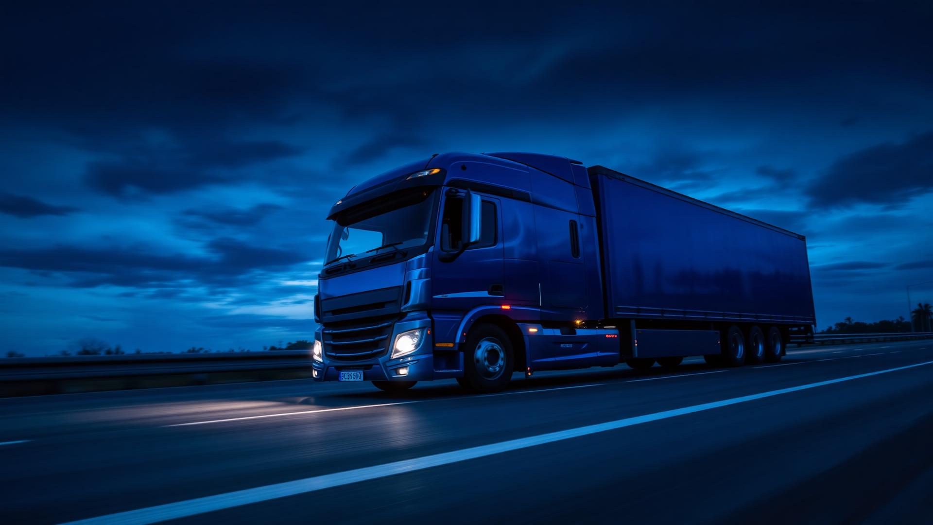 Caminhão azul da MJ Ferreira Transportes em rodovia ao anoitecer